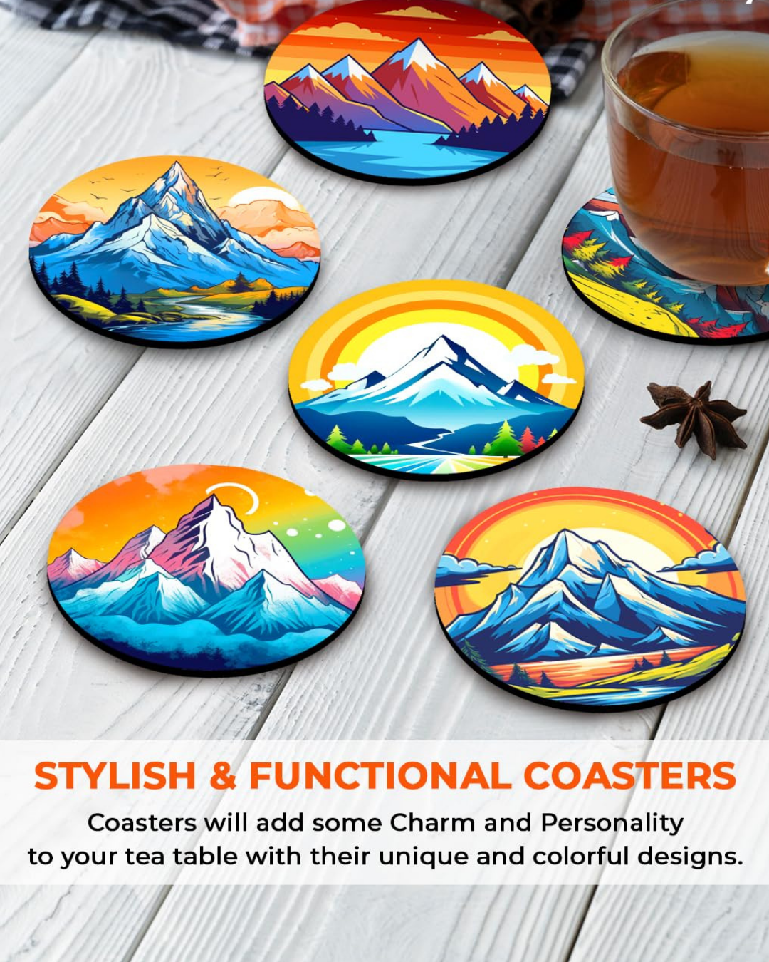 Premium Designer hills Printed Beautiful Wooden Coasters Fit for Tea Cups, Coffee Mugs and Glasses Marble round(3.5X3.5 Inch)(Set of 6)011