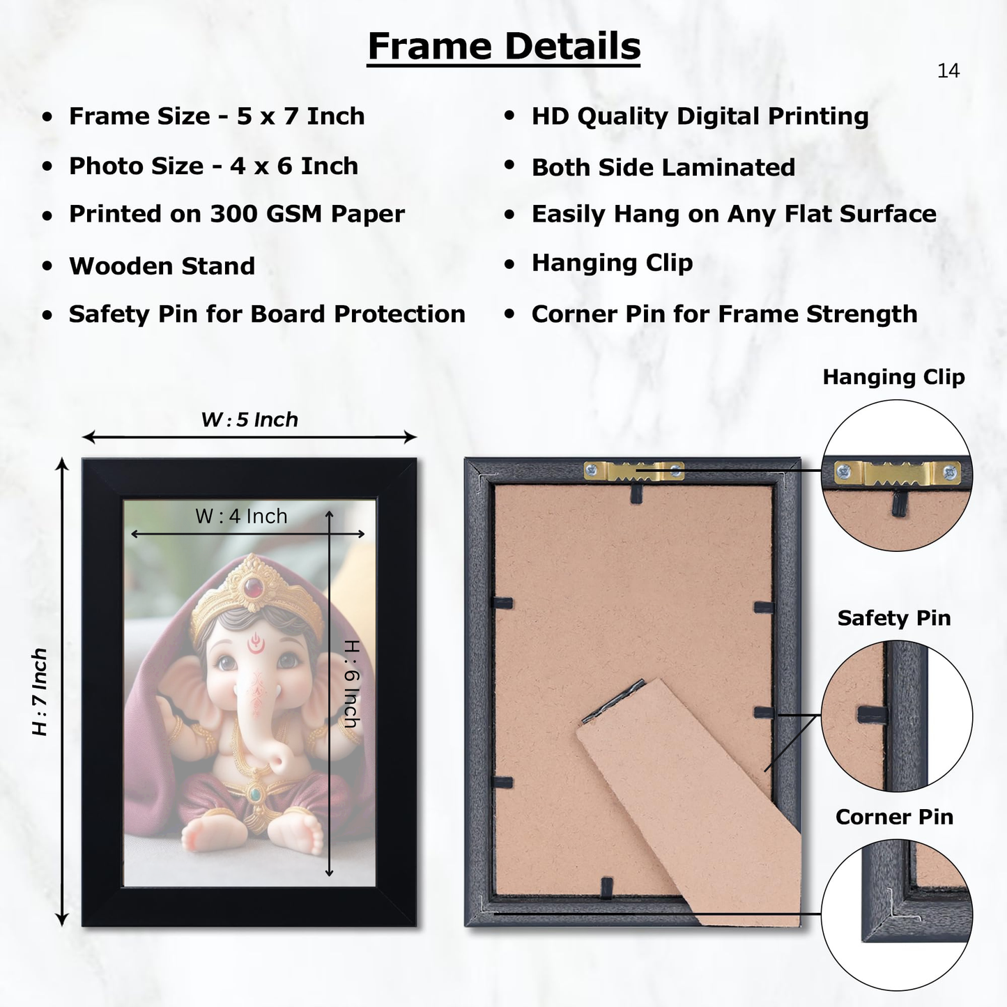 Lord Ganesha Ji Photo Frame for Wall and Pooja, Poster for Pooja, Religious Framed Painting, Laminated God Photo Frames, Wall Decor Photo Frame