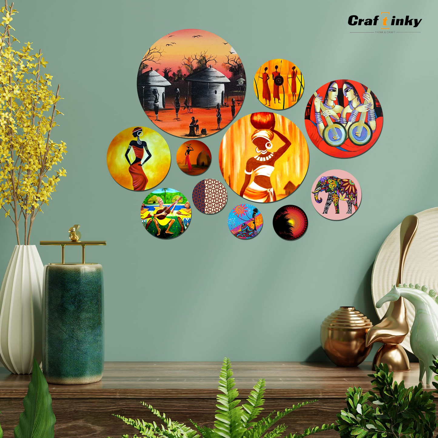 Indian Village Culture Round Wall Hanging Set 11-piece Engineered Wood Decor