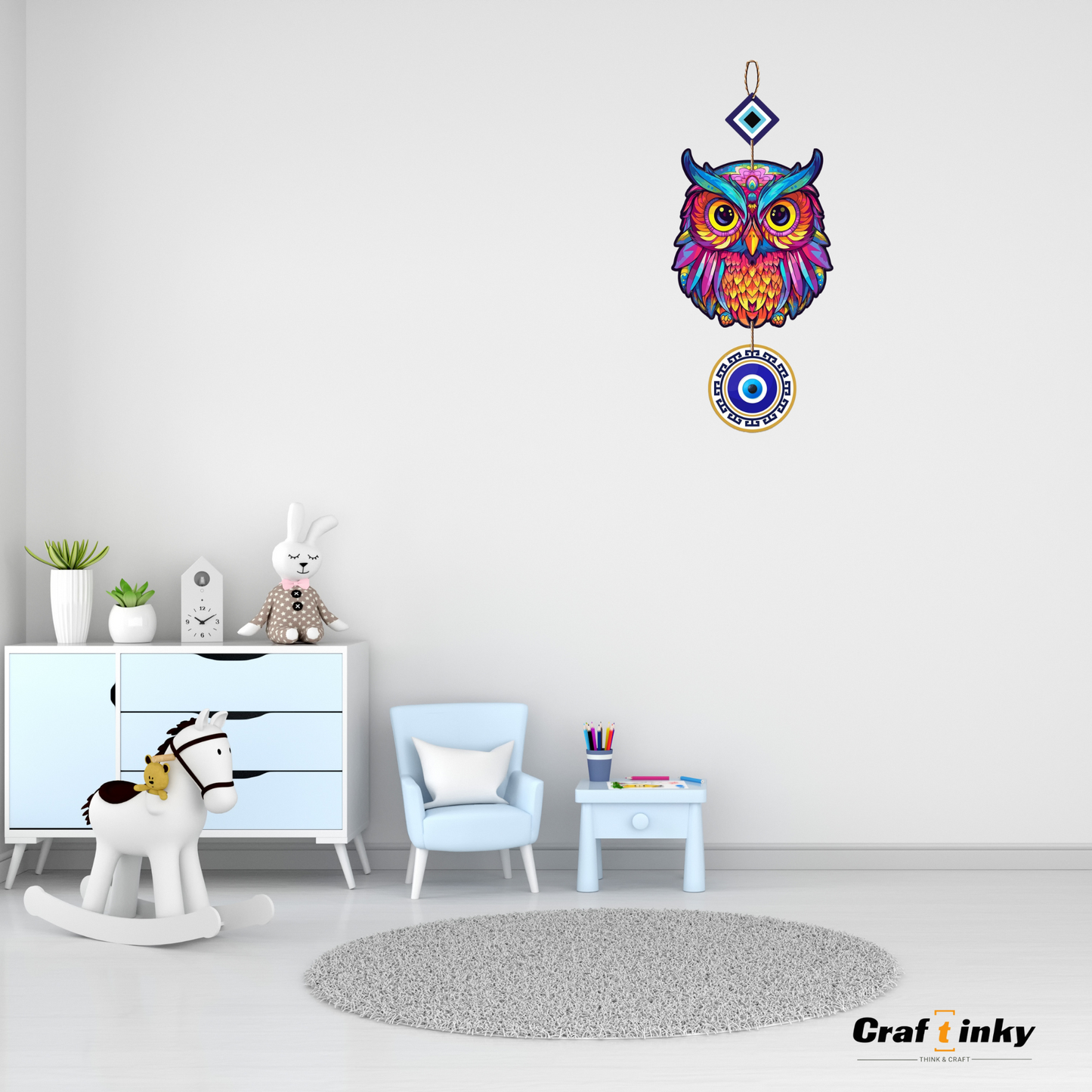 Purple Owl Shaped Evil Eye Wall Hanging Multicolor Engineered Wood Decor