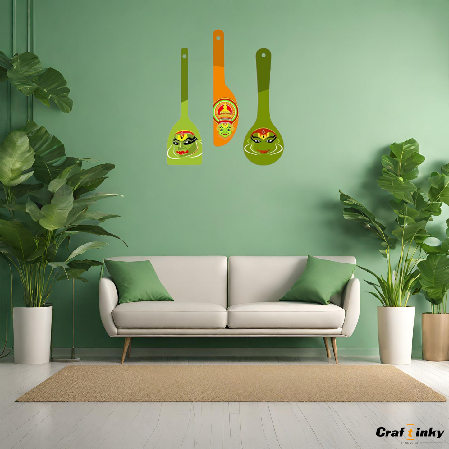 South Indian Cultural Dance Theme Spoon Shape Wall Hanging Set 3 Bpiece Engineered Wood Decor
