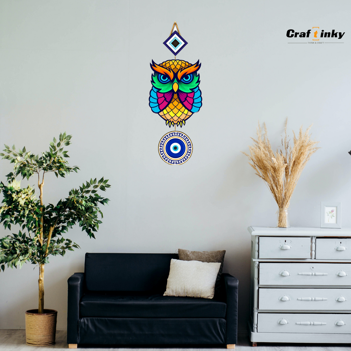 Small Owl Shaped Evil Eye Wall Hanging Multicolor Engineered Wood Decor