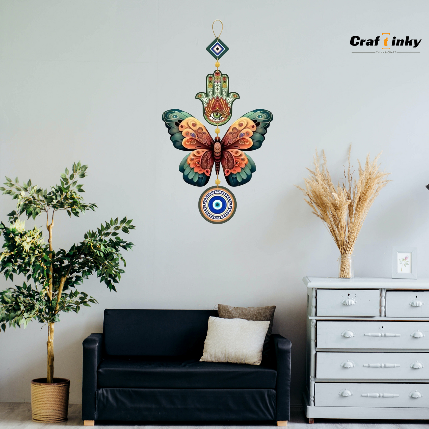 Butterfly Shaped Evil Eye Wall Hanging Dark Green And Orange Engineered Wood Decor