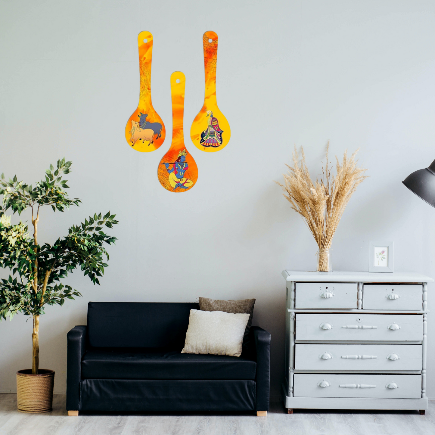 Krishna Spoon Shape Wall Hanging Set 3piece Engineered Wood Decor