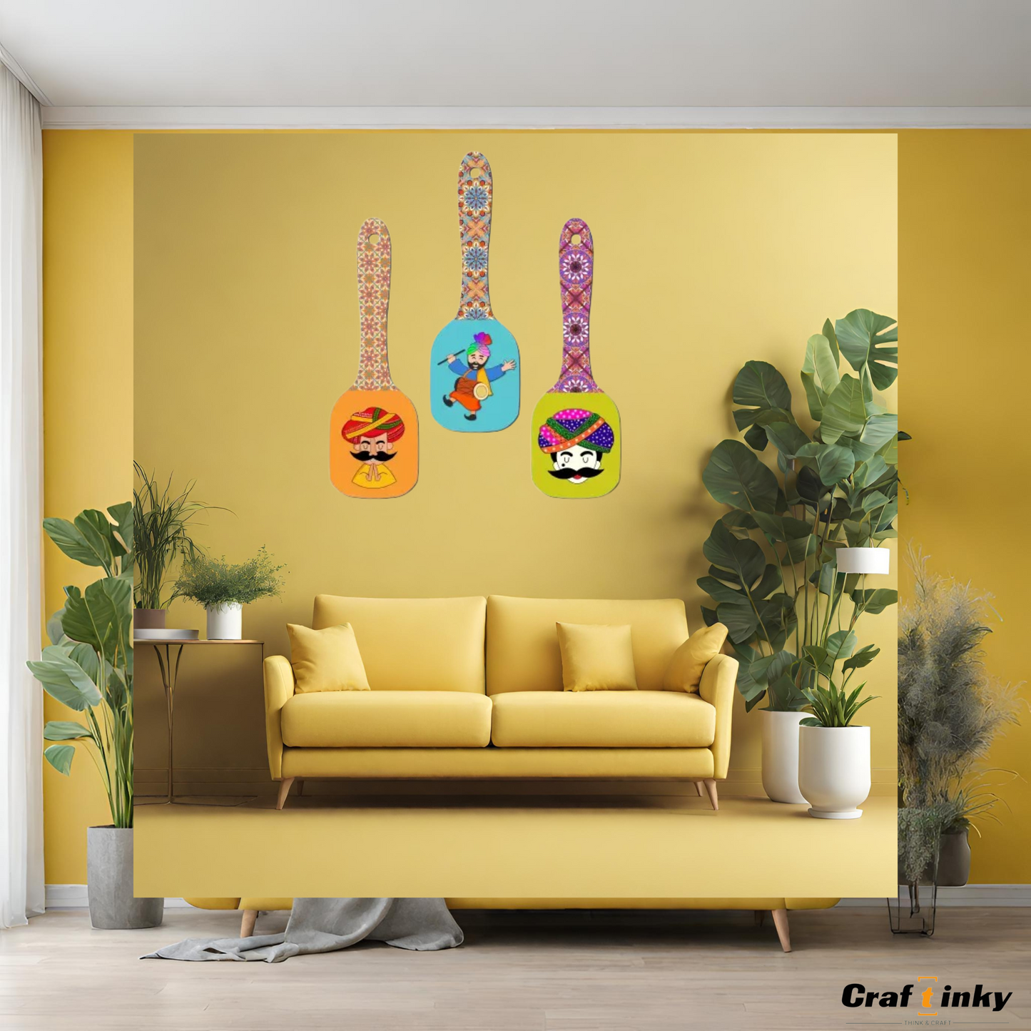 Bhangra Theme Spoon Shape Wall Hanging Set 3 piece Engineered Wood Decor