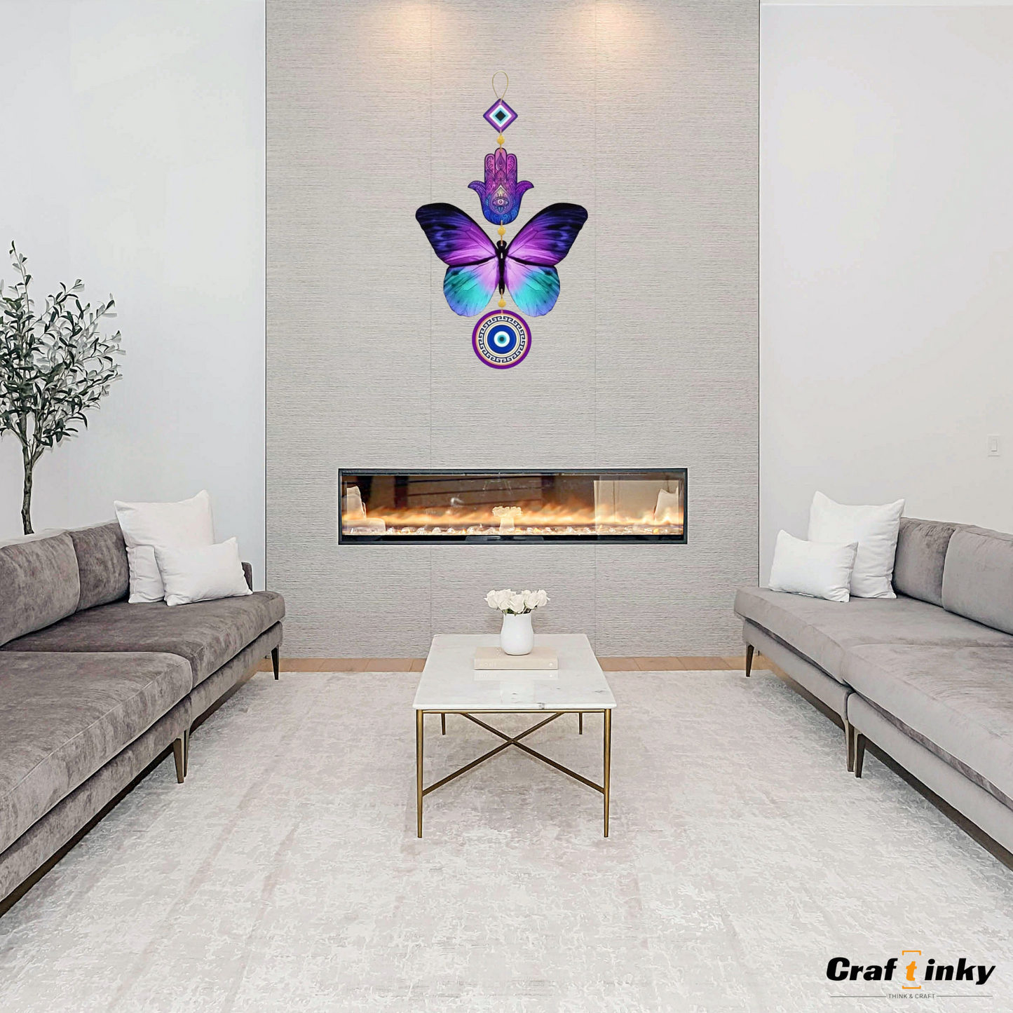 Purple Butterfly Design Evil Eye Wall Hanging Engineered Wood Decorative Charm