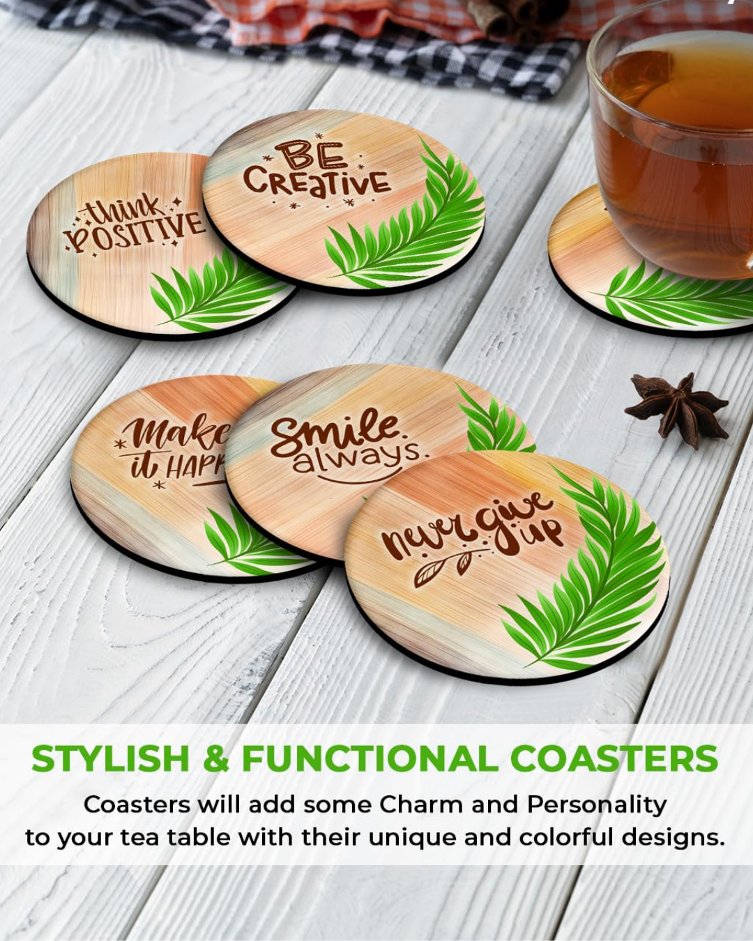 Premium Round Mandala Ethnic Beautiful Wooden Coasters, Diwali Gift, Fit for Tea Cups, Coffee Mugs and Glasses (Set of 6)012