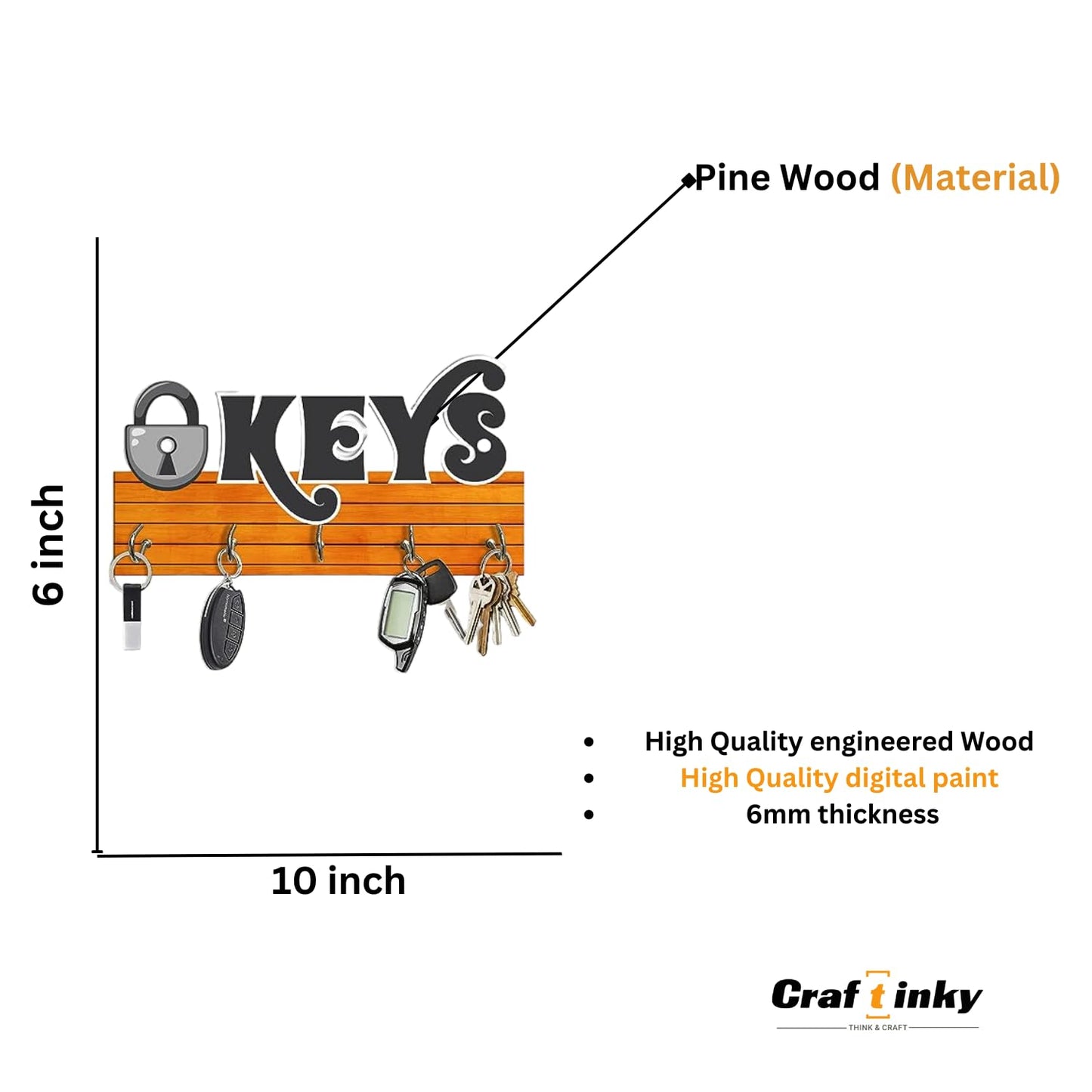 Keys Lock Design Key Holder Engineered Wood Wall Organizer With Inspirational Quote