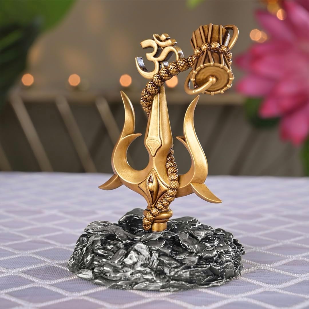 Trishul with Damru grey base Decorative Showpiece Statue for Car Dashboard, Pooja, Home & Office Decor | Shankar Ji Trishul to Ward Off Evil Eye | Unique Rakshabandhan Rakhi Gift for Brother & Sister
