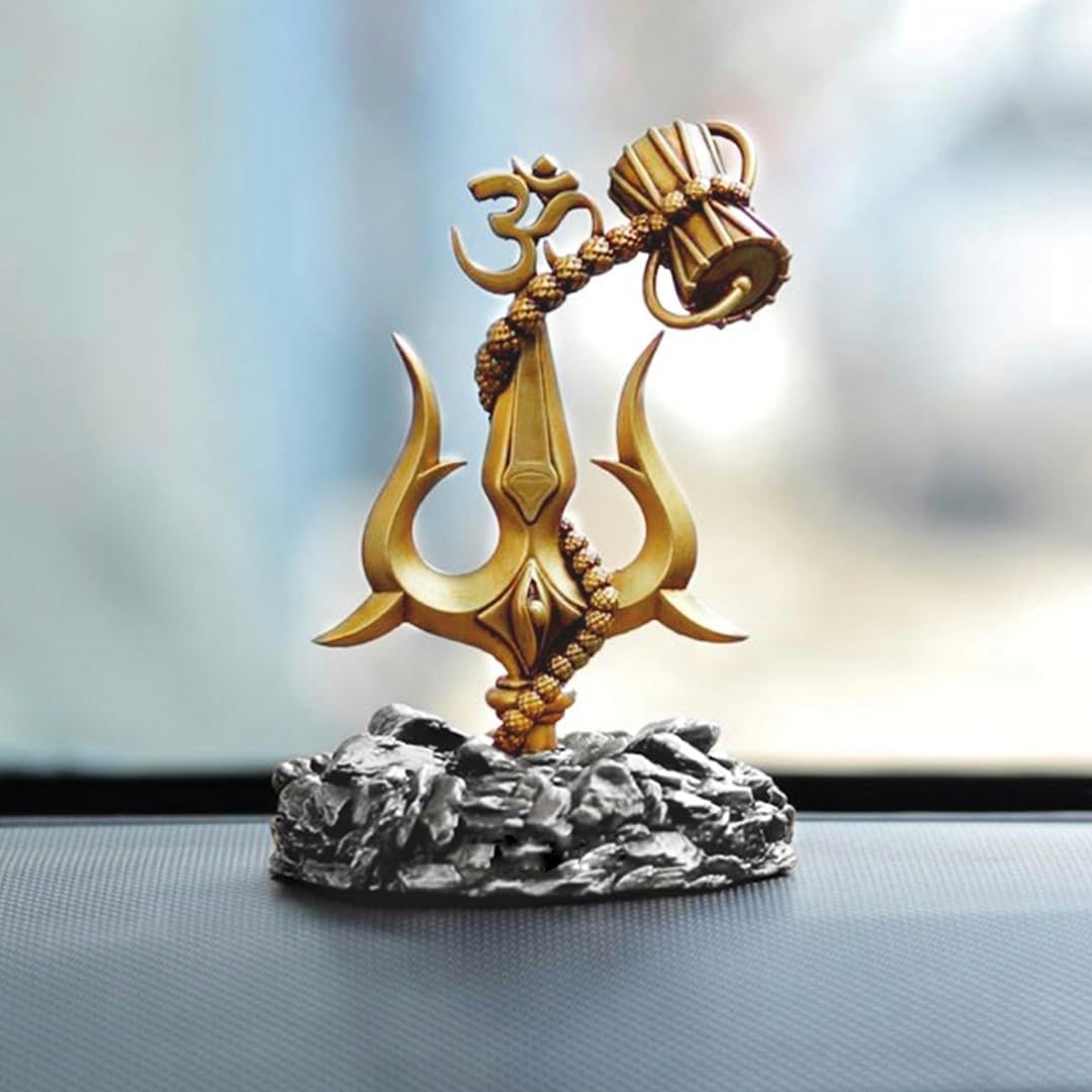 Trishul with Damru grey base Decorative Showpiece Statue for Car Dashboard, Pooja, Home & Office Decor | Shankar Ji Trishul to Ward Off Evil Eye | Unique Rakshabandhan Rakhi Gift for Brother & Sister