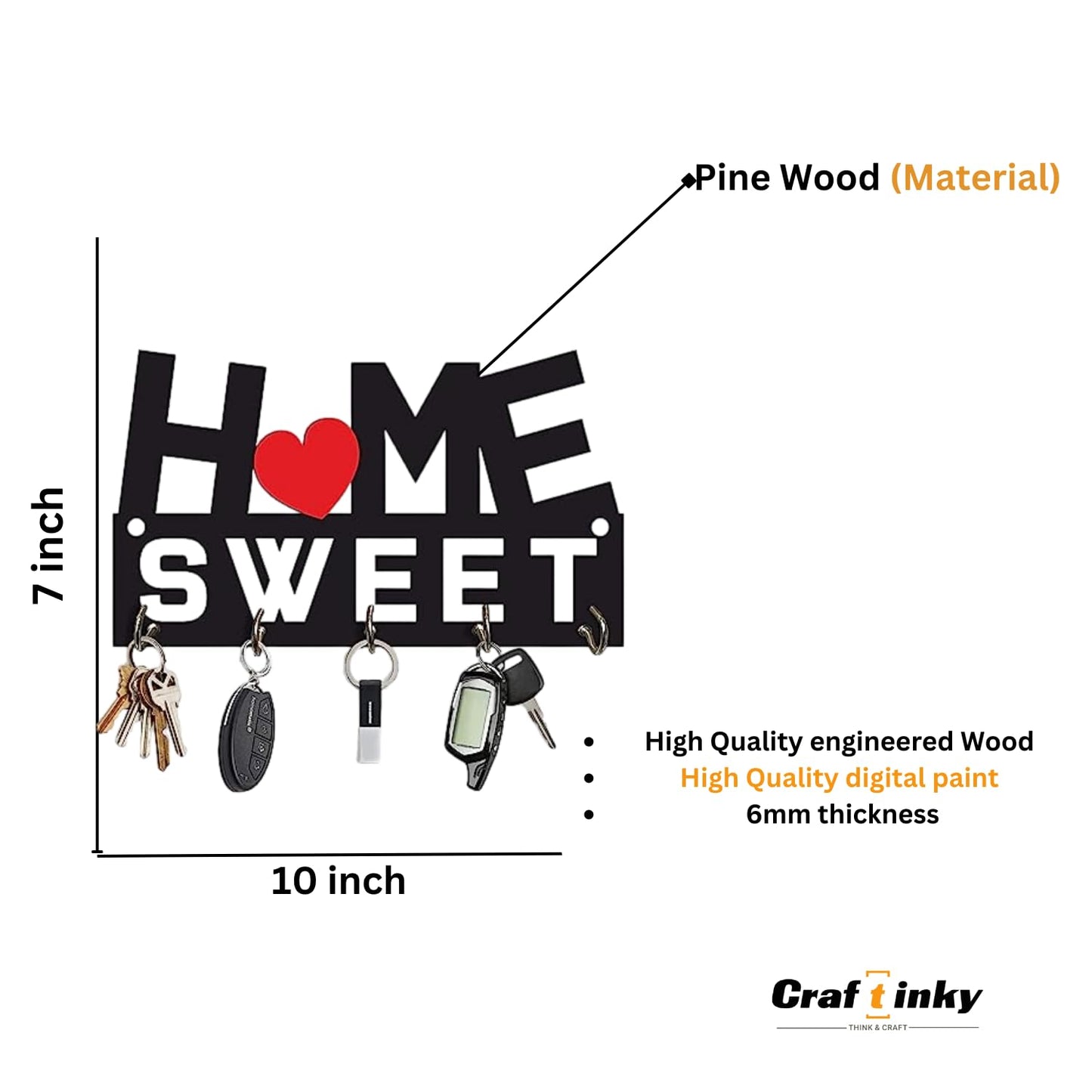 Home Sweet Design Key Holder With Inspirational Quote Engineered Wood Wall Organizer