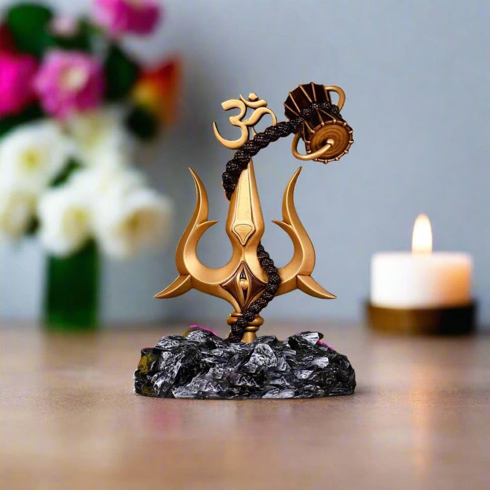 Trishul with Damru grey base Decorative Showpiece Statue for Car Dashboard, Pooja, Home & Office Decor | Shankar Ji Trishul to Ward Off Evil Eye | Unique Rakshabandhan Rakhi Gift for Brother & Sister
