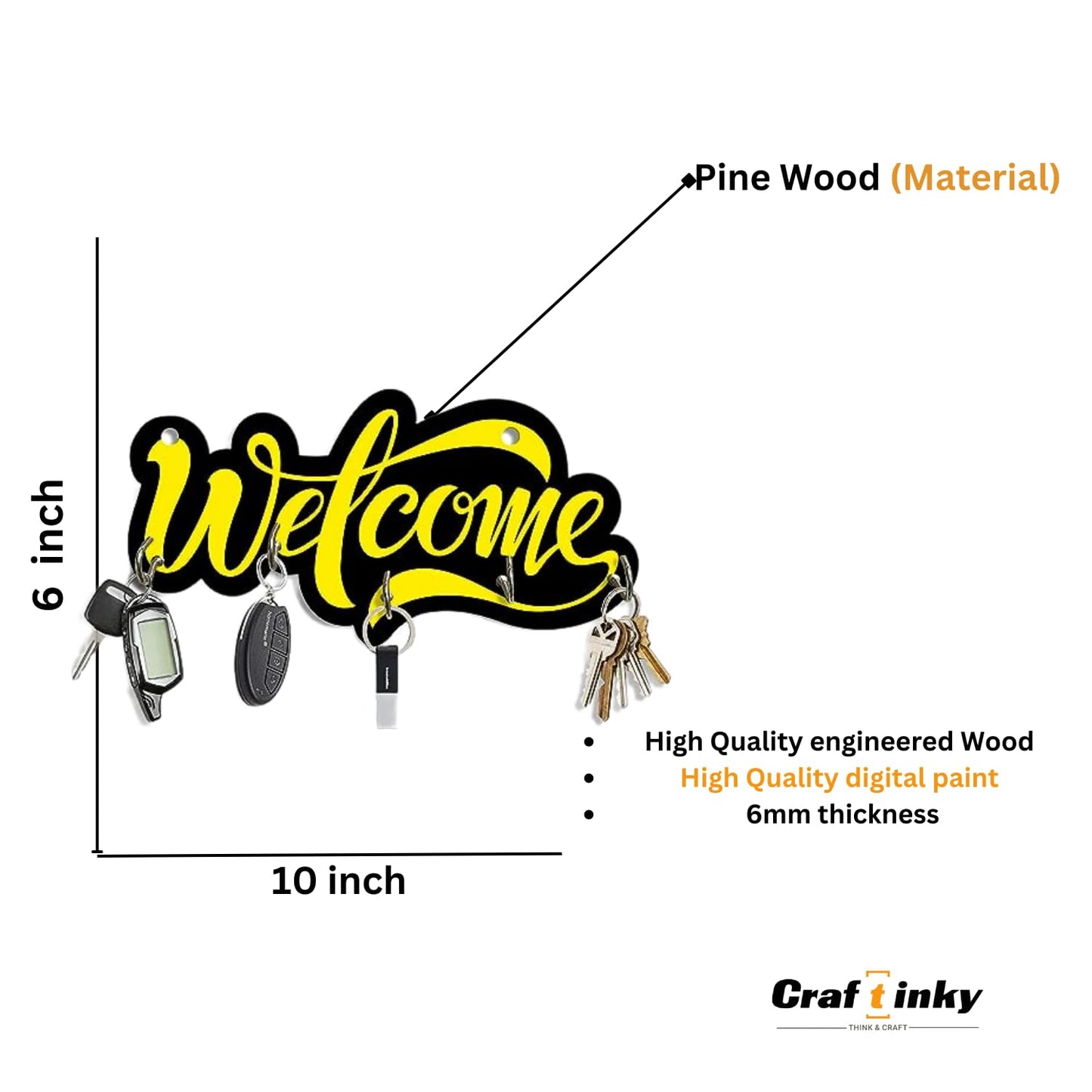 "Welcome" Design Key Holder – Engineered Wood Wall Organizer with Inspirational Quote