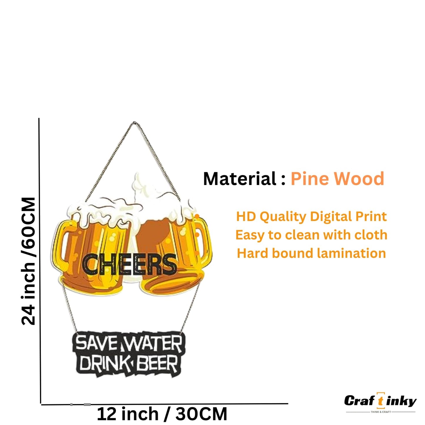 Beer Glass Design Wall Hanging Save Water Drink Beer Fun Engineered Wood Decor