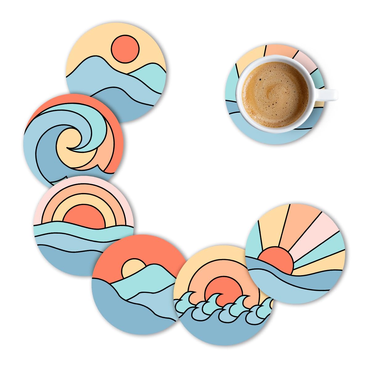 Premium Designer painting Printed Beautiful Wooden Coasters Fit for Tea Cups, Coffee Mugs and Glasses Marble round (3.5X3.5 Inch) ((Set of 6))007