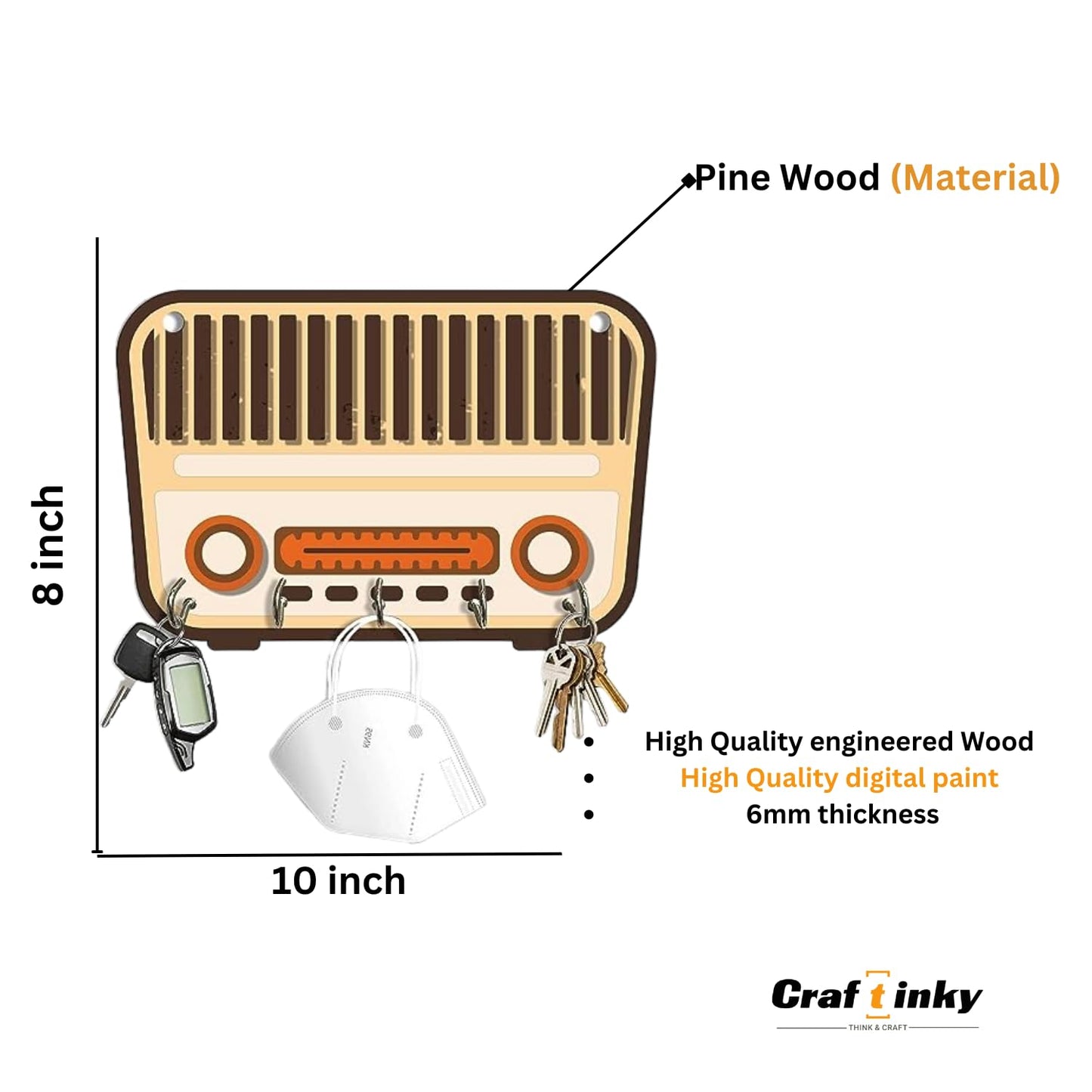 Retro Radio Design Key Holder Engineered Wood Wall Organizer With Inspirational Quote