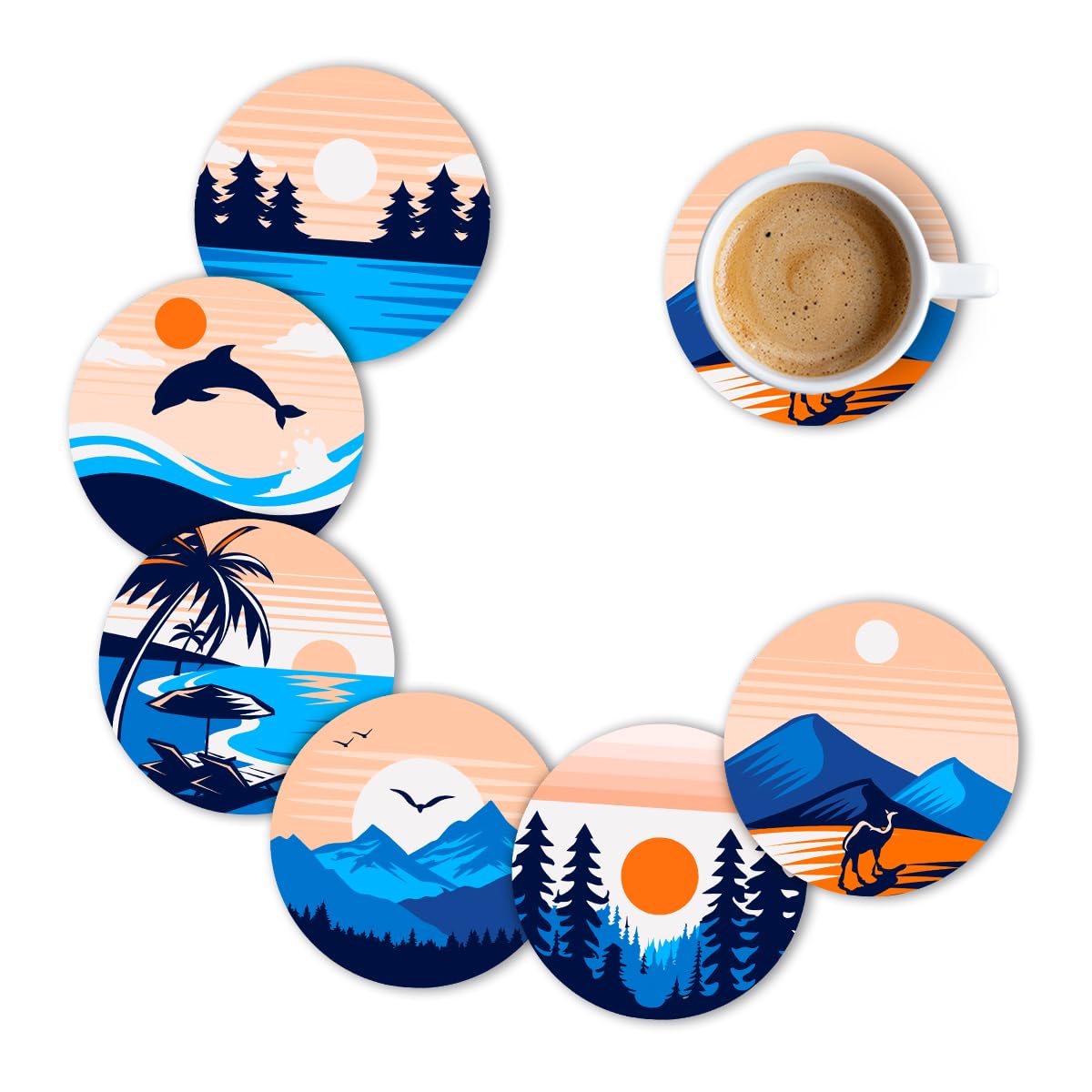lake Design Premium Designer Printed Beautiful Wooden Coasters Fit for Tea Cups, Coffee Mugs and Glasses Marble round (3.5X3.5 Inch) (Design 17 (Set of 6))009