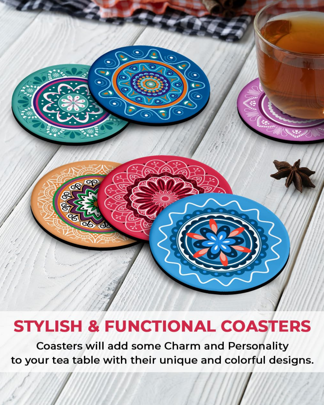 Premium Round Mandala Ethnic Beautiful Wooden Coasters, Diwali Gift, Fit for Tea Cups, Coffee Mugs and Glasses (Set of 6)013