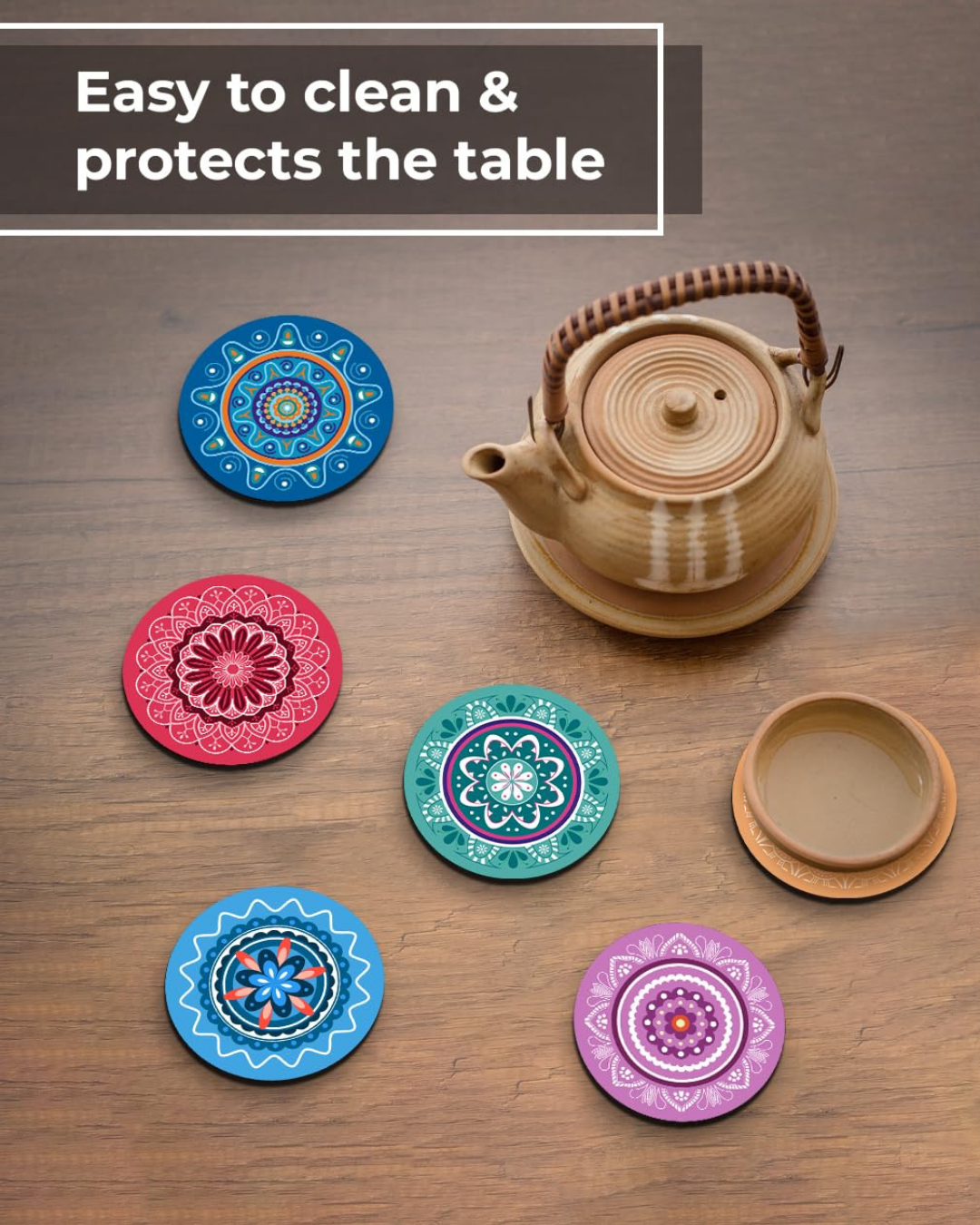 Premium Round Mandala Ethnic Beautiful Wooden Coasters, Diwali Gift, Fit for Tea Cups, Coffee Mugs and Glasses (Set of 6)013