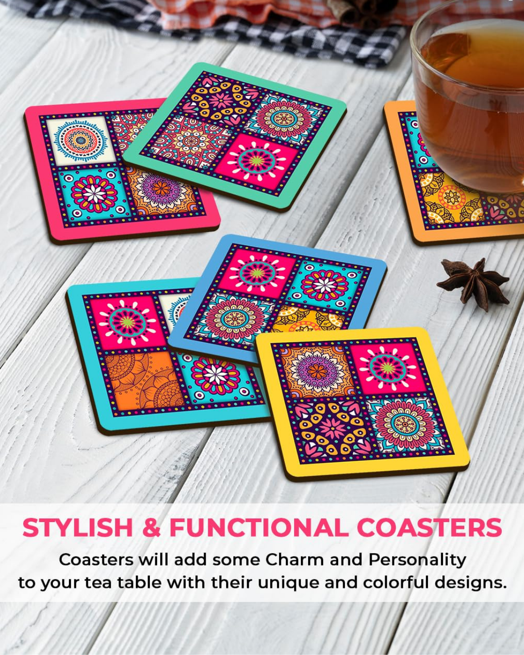Premium Mandala Ethnic Square Wooden Coasters, Diwali Gift, Fit for Tea Cups, Coffee Mugs and Glasses (Set of 6)014
