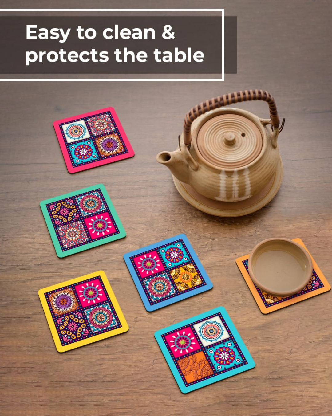 Premium Mandala Ethnic Square Wooden Coasters, Diwali Gift, Fit for Tea Cups, Coffee Mugs and Glasses (Set of 6)014