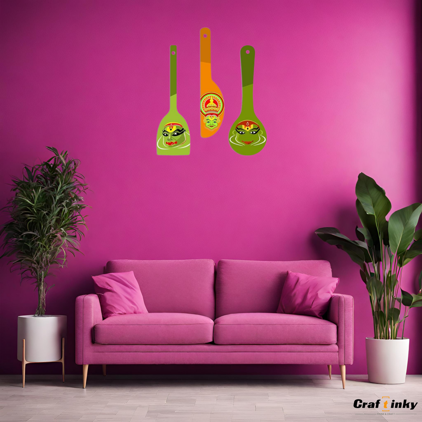 South Indian Cultural Dance Theme Spoon Shape Wall Hanging Set 3 Bpiece Engineered Wood Decor