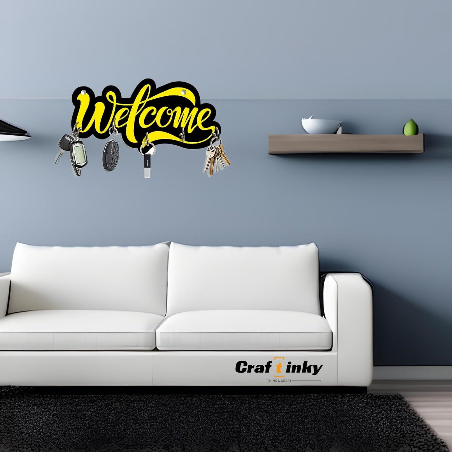"Welcome" Design Key Holder – Engineered Wood Wall Organizer with Inspirational Quote