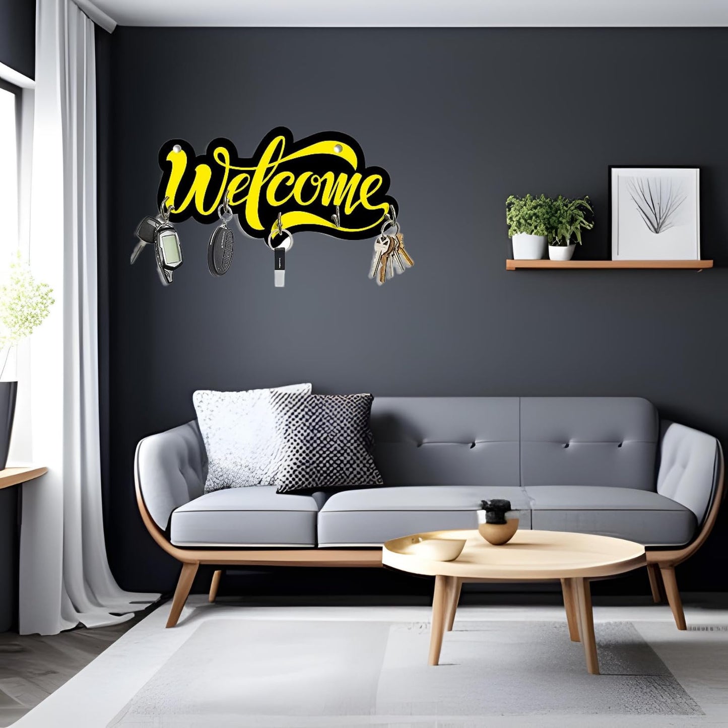"Welcome" Design Key Holder – Engineered Wood Wall Organizer with Inspirational Quote