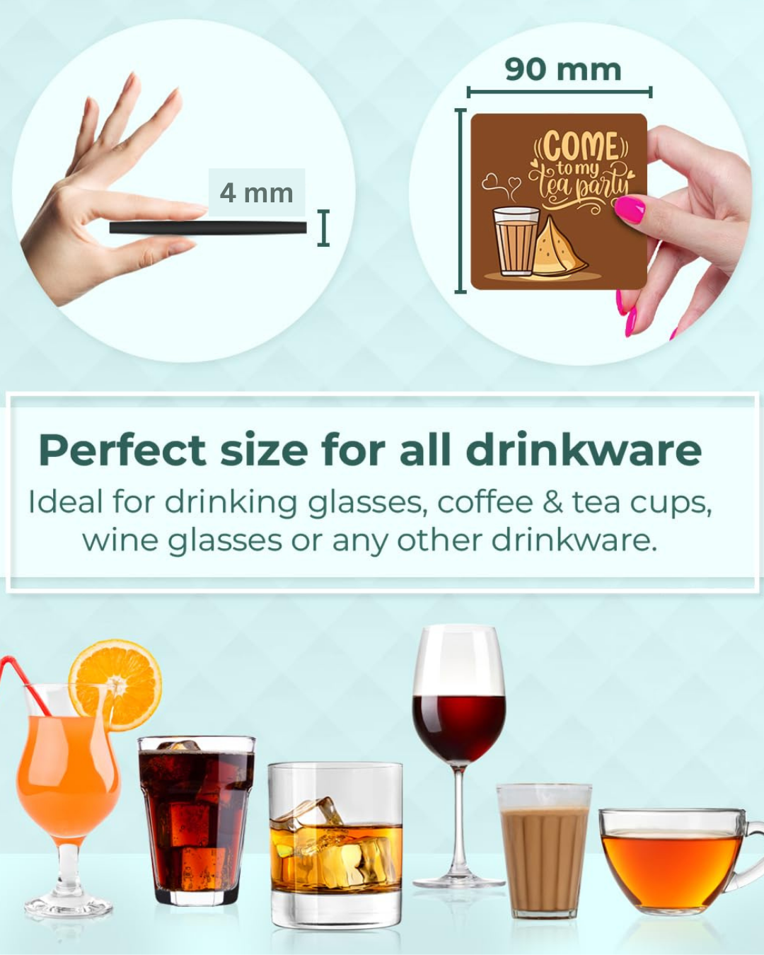 Premium Designer Square Quotes Beautiful Wooden Coasters Fit for Tea Cups, Coffee Mugs and Glasses (Set of 6)015