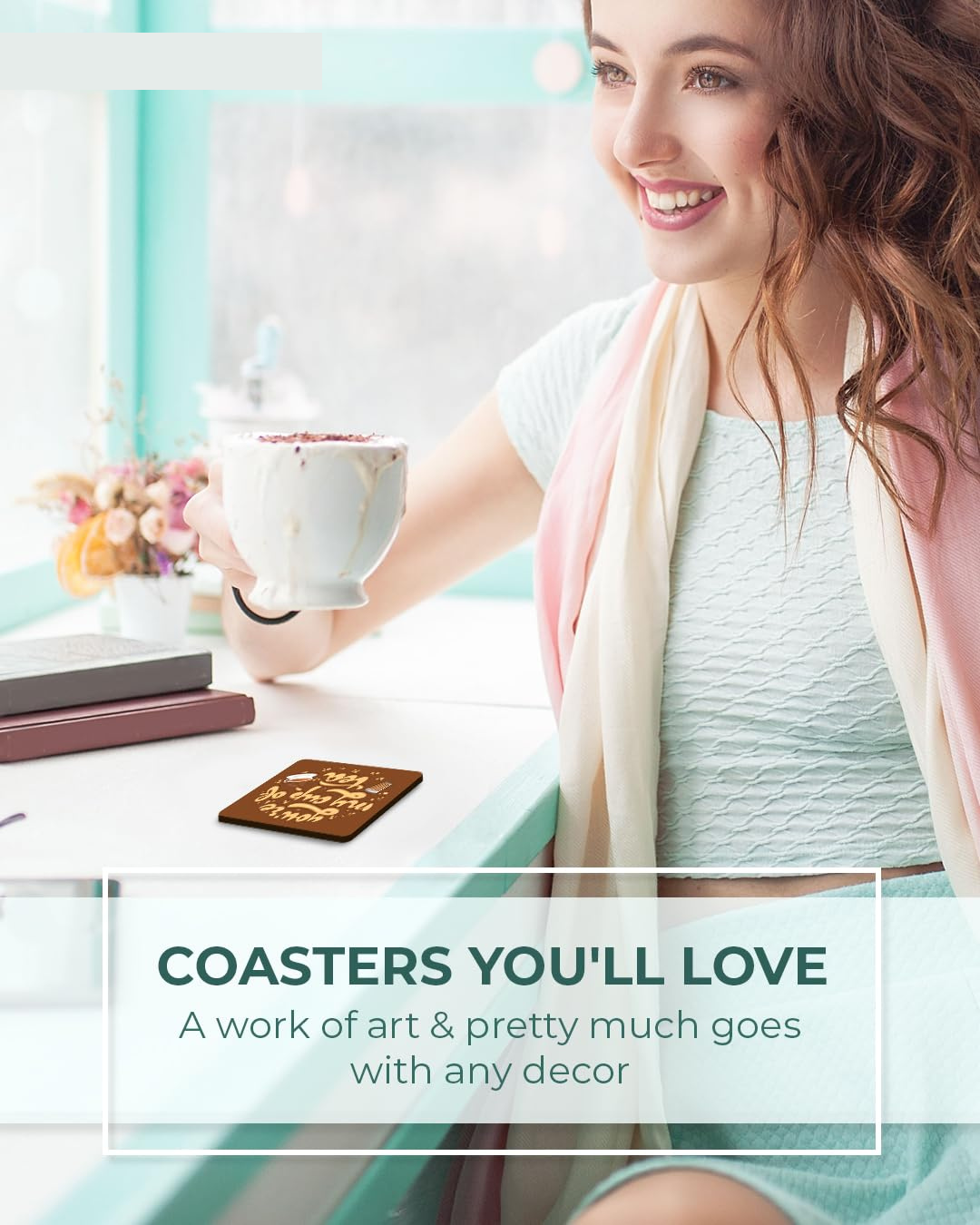 Premium Designer Square Quotes Beautiful Wooden Coasters Fit for Tea Cups, Coffee Mugs and Glasses (Set of 6)015
