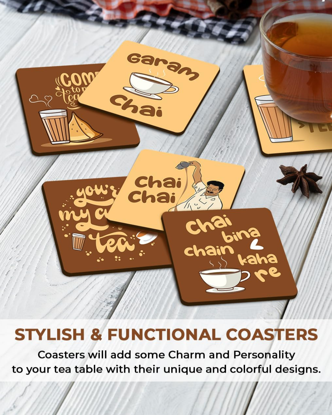 Premium Designer Square Quotes Beautiful Wooden Coasters Fit for Tea Cups, Coffee Mugs and Glasses (Set of 6)015