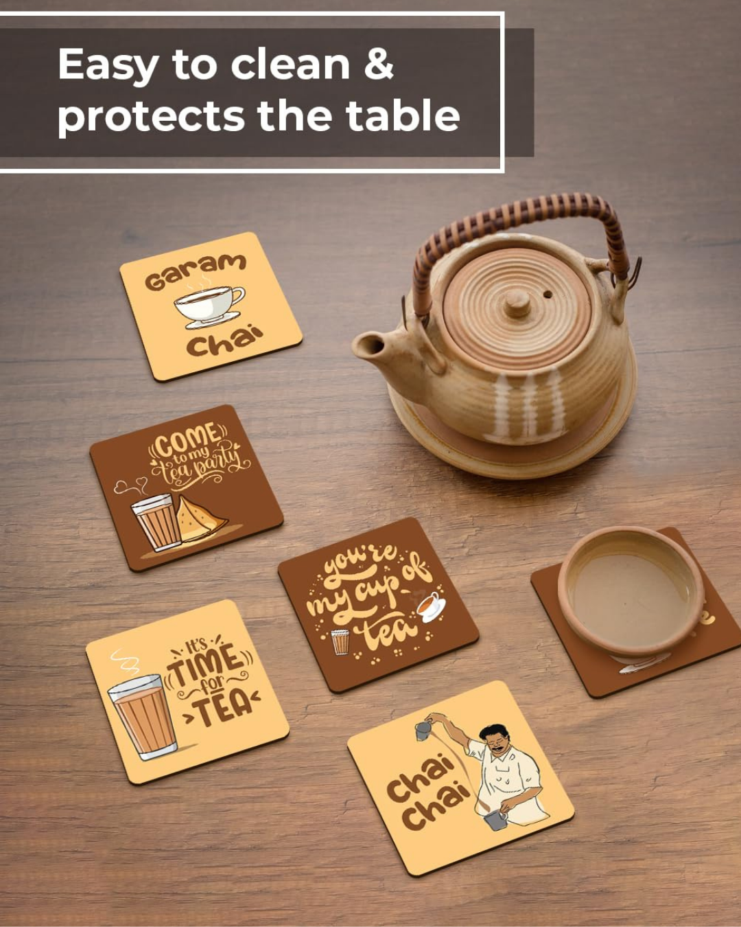 Premium Designer Square Quotes Beautiful Wooden Coasters Fit for Tea Cups, Coffee Mugs and Glasses (Set of 6)015
