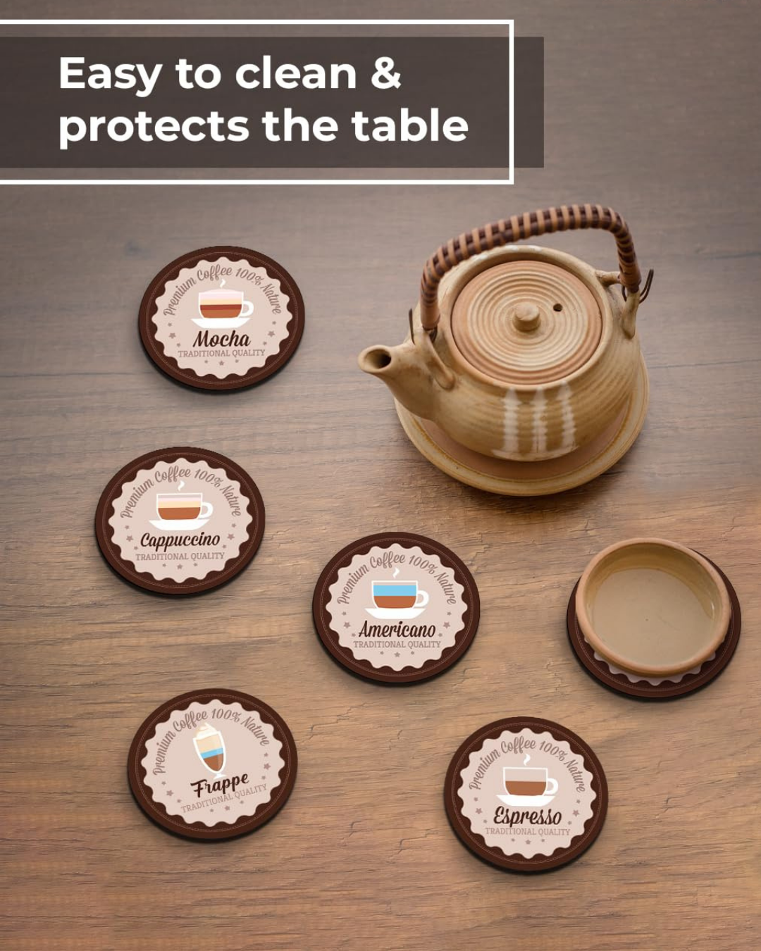 Coffee Design Premium Designer Printed Beautiful Wooden Coasters Fit for Tea Cups, Coffee Mugs and Glasses (Set of 6)016