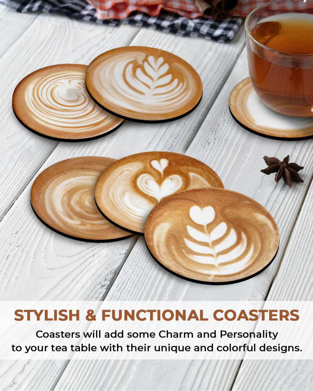 Premium Coffee Designer Printed Beautiful Wooden Coasters Fit for Tea Cups, Coffee Mugs and Glasses Design (Set of 6)017