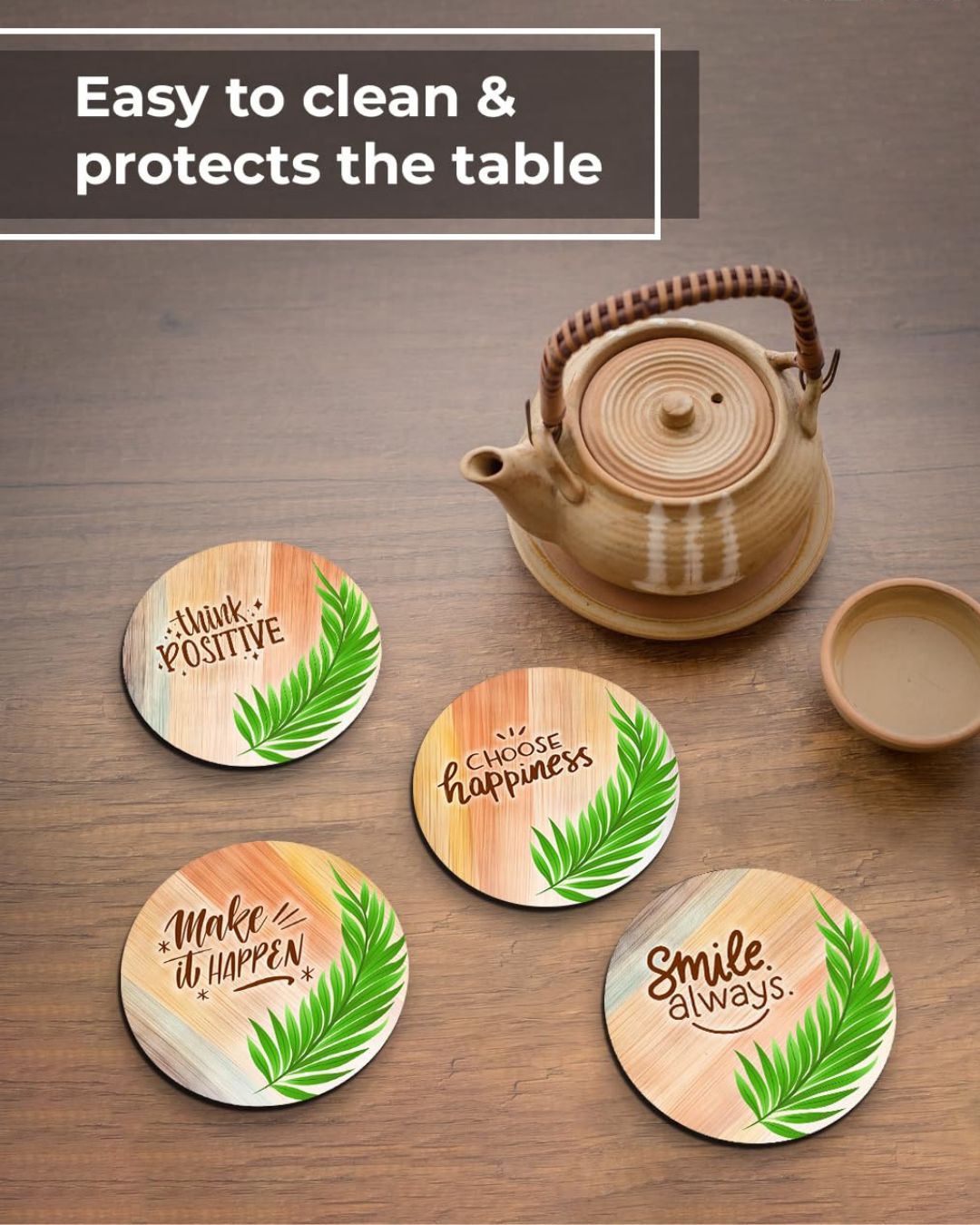 Think Positive Premium Designer Printed Beautiful Wooden Coasters Fit for Tea Cups, Coffee Mugs and Glasses (Set of 4))018