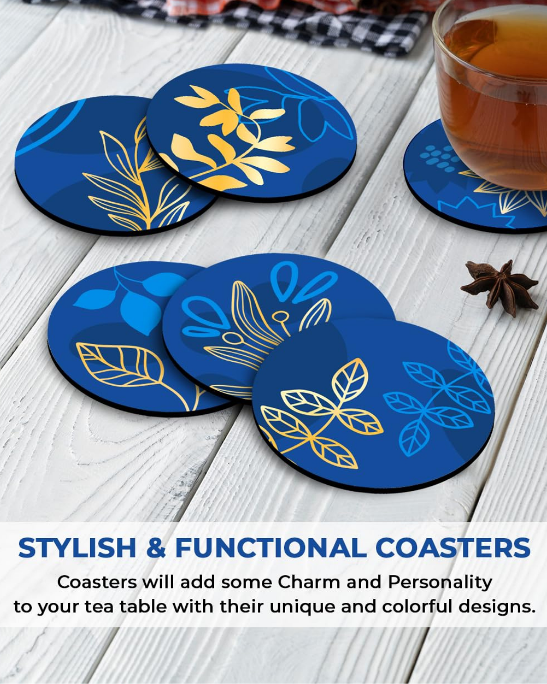 Premium Round Mandala Ethnic Beautiful Wooden Coasters, Diwali Gift, Fit for Tea Cups, Coffee Mugs and Glasses 4 8 12 (3.5X3.5 Inch) ((Set of 6))002