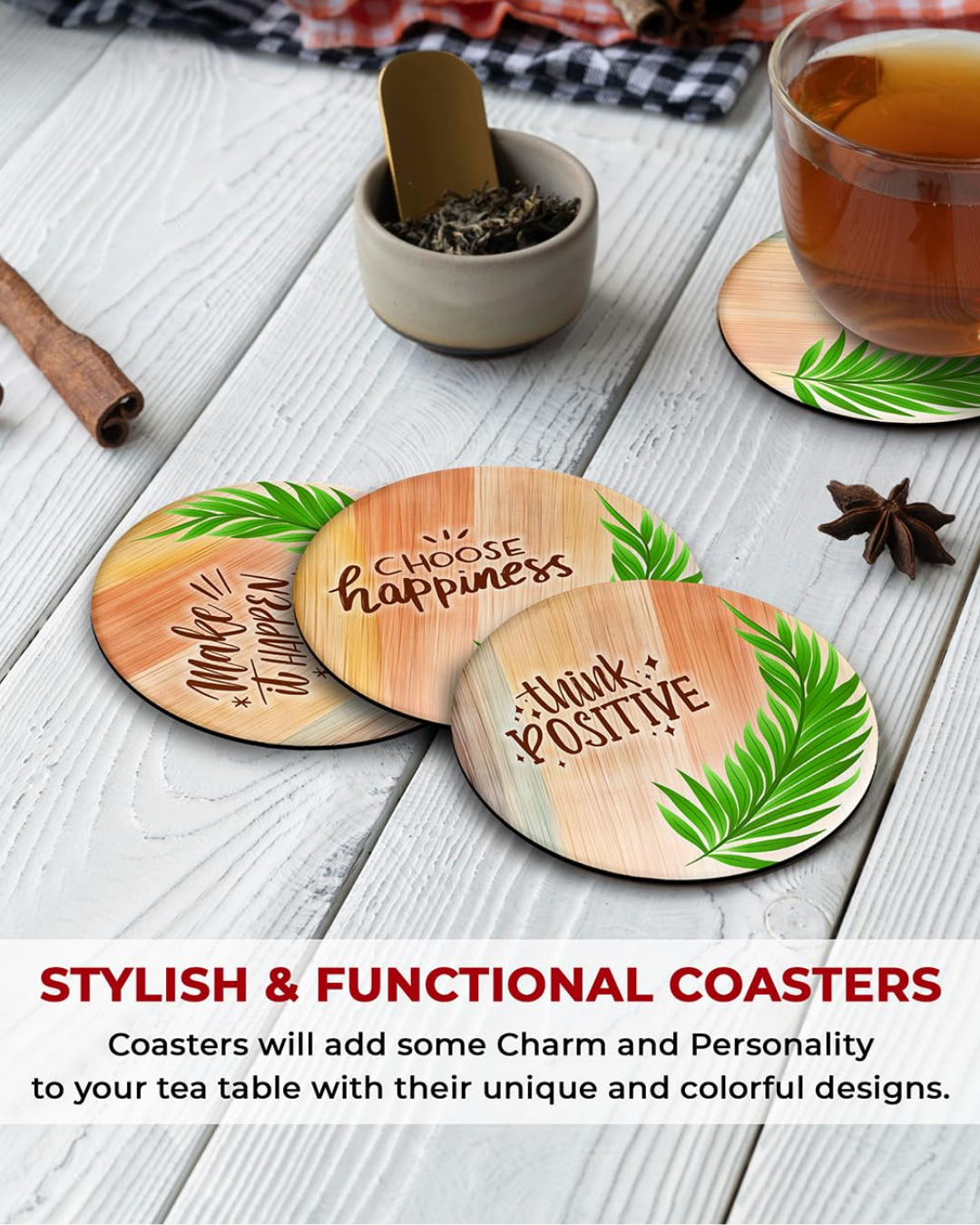 Think Positive Premium Designer Printed Beautiful Wooden Coasters Fit for Tea Cups, Coffee Mugs and Glasses (Set of 4))018