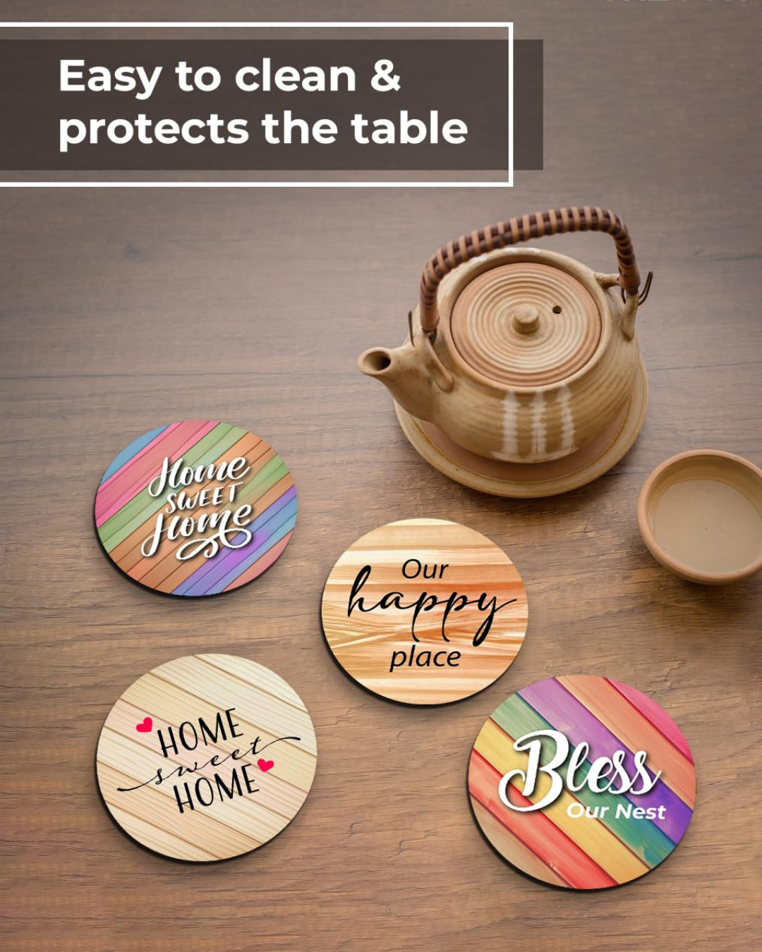 Home sweet Home Premium Designer Printed Beautiful Wooden Coasters Fit for Tea Cups, Coffee Mugs and Glasses (Set of 4))019