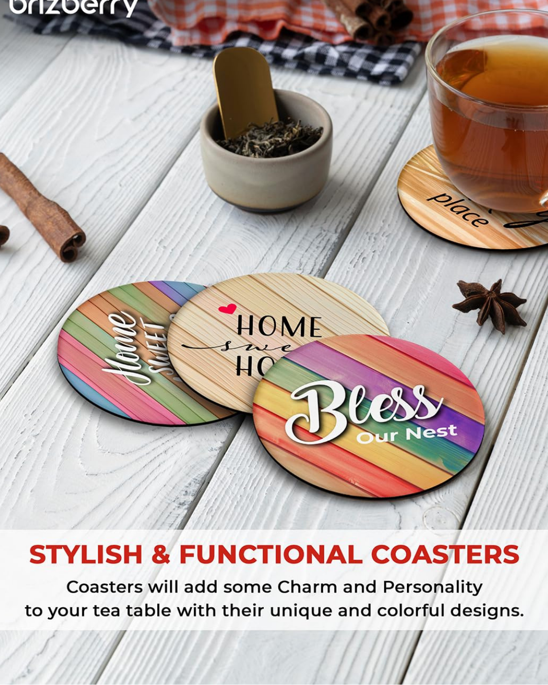 Home sweet Home Premium Designer Printed Beautiful Wooden Coasters Fit for Tea Cups, Coffee Mugs and Glasses (Set of 4))019