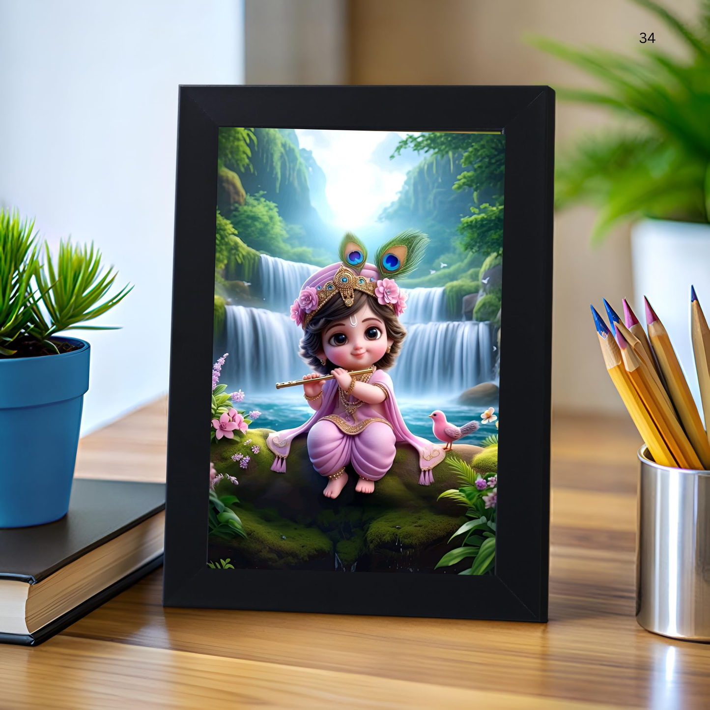 Baby Krishna Photo Frame | Shri Bal Gopal Painting for Pregnant Women | Kanha Ji Poster | Laddu Lord Makhan Chor | Walls Home Bedroom Living Room Decoration Gift.