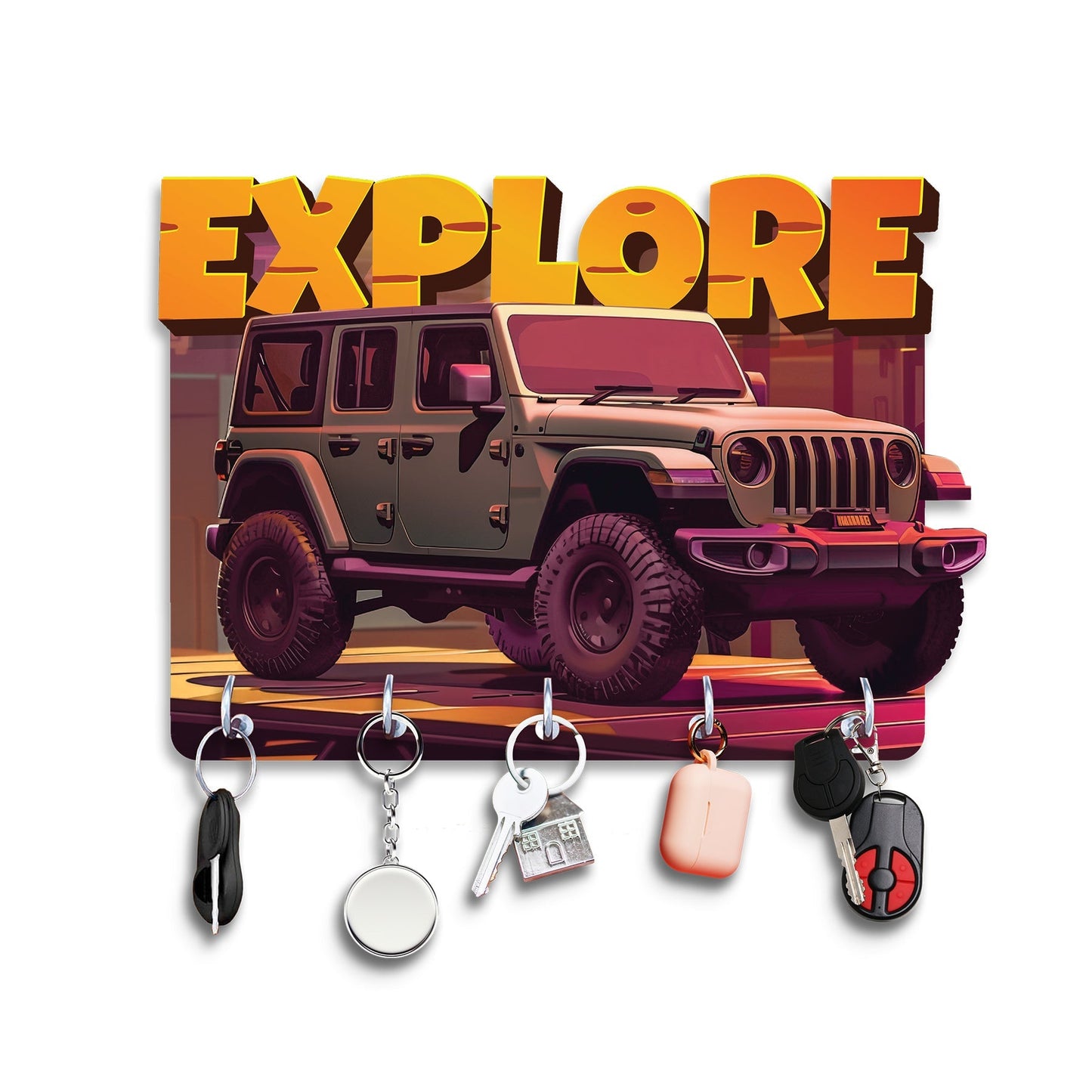 "Adventure Awaits: Modern Engineered Wood Key Holder with Explore Theme"