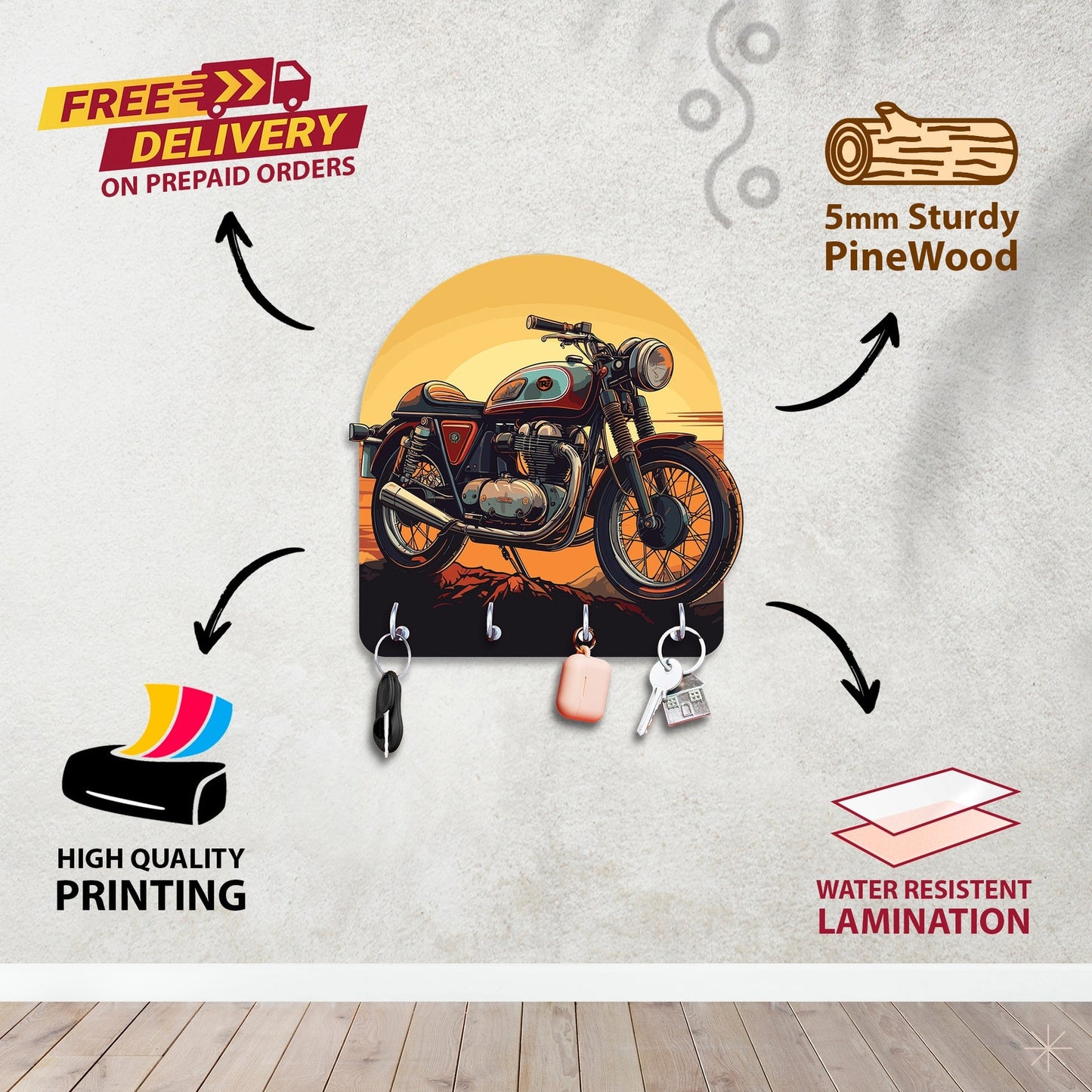 "Ride into the Sunset: Engineered Wood Key Holder with Vintage Motorcycle Theme"