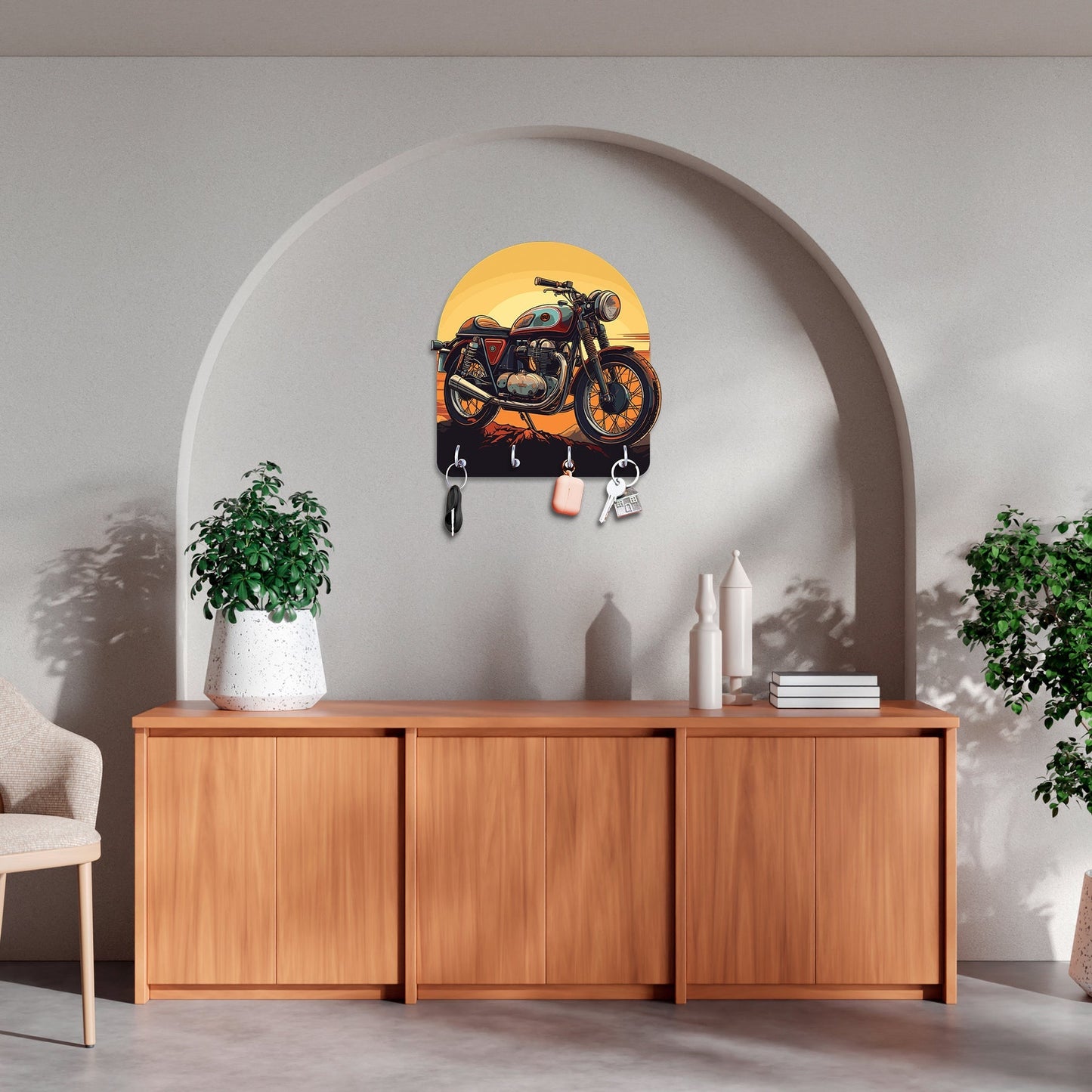 "Ride into the Sunset: Engineered Wood Key Holder with Vintage Motorcycle Theme"