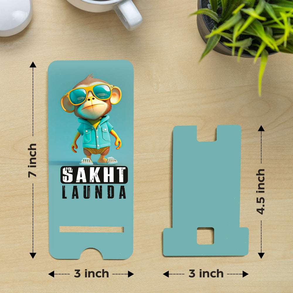 "Cool Monkey 'SAKHT LAUNDA' Wooden Phone Stand – Stylish & Durable Universal Holder"