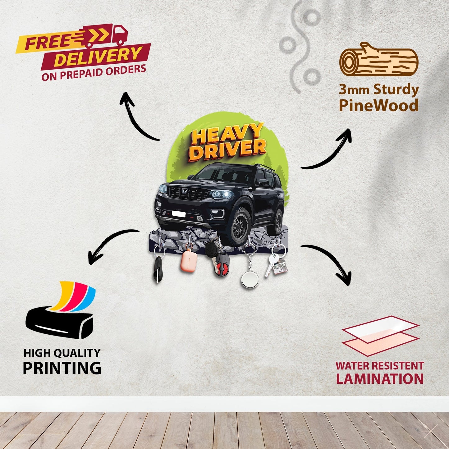 "Heavy Driver: Engineered Wood Key Holder with Rugged SUV Theme"