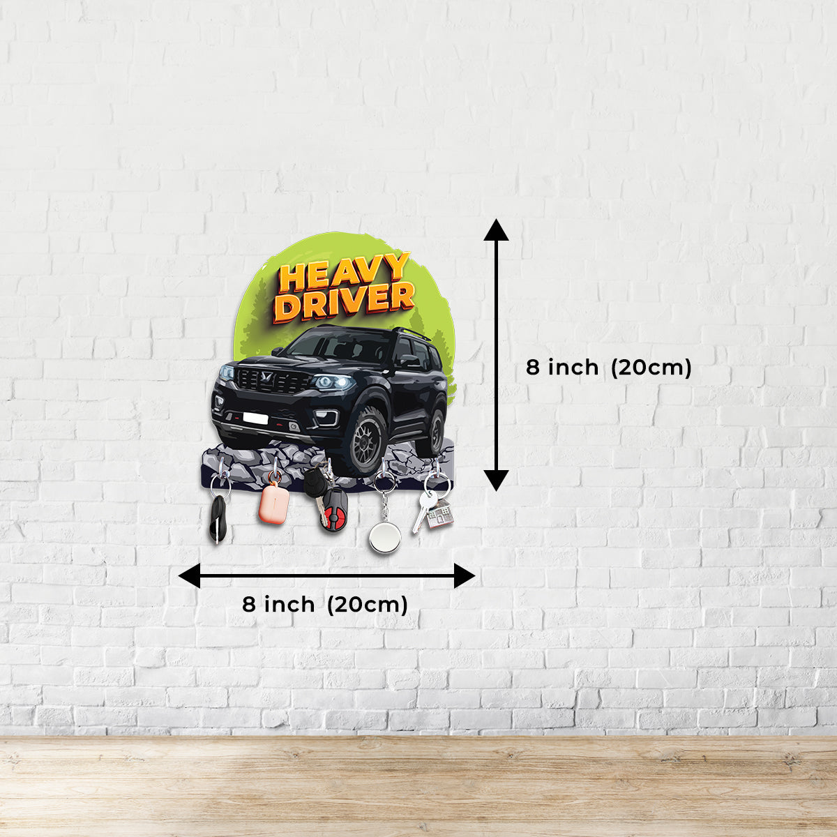 "Heavy Driver: Engineered Wood Key Holder with Rugged SUV Theme"