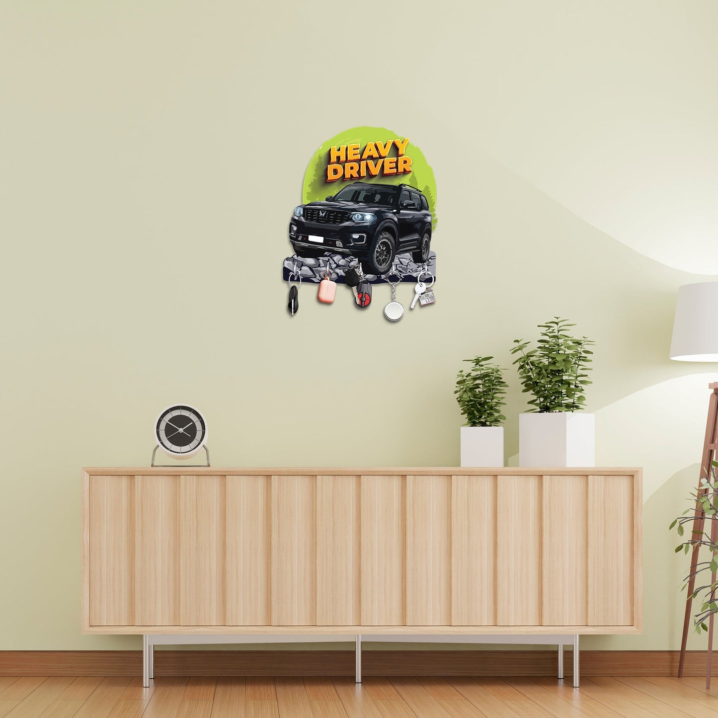"Heavy Driver: Engineered Wood Key Holder with Rugged SUV Theme"