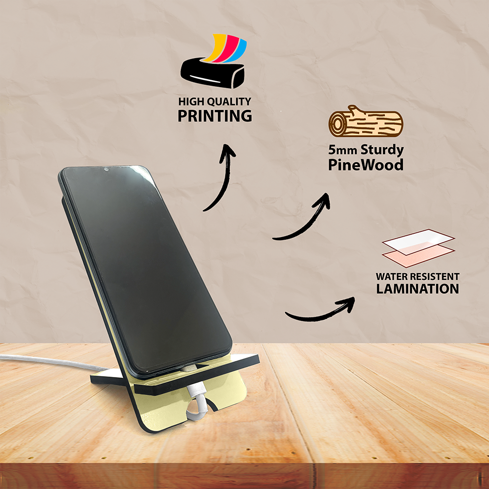 "Namak Swad Anusaar Aukaat Anusaar Printed Wooden Phone Stand – Universal Compatibility, Eco-Friendly Holder"