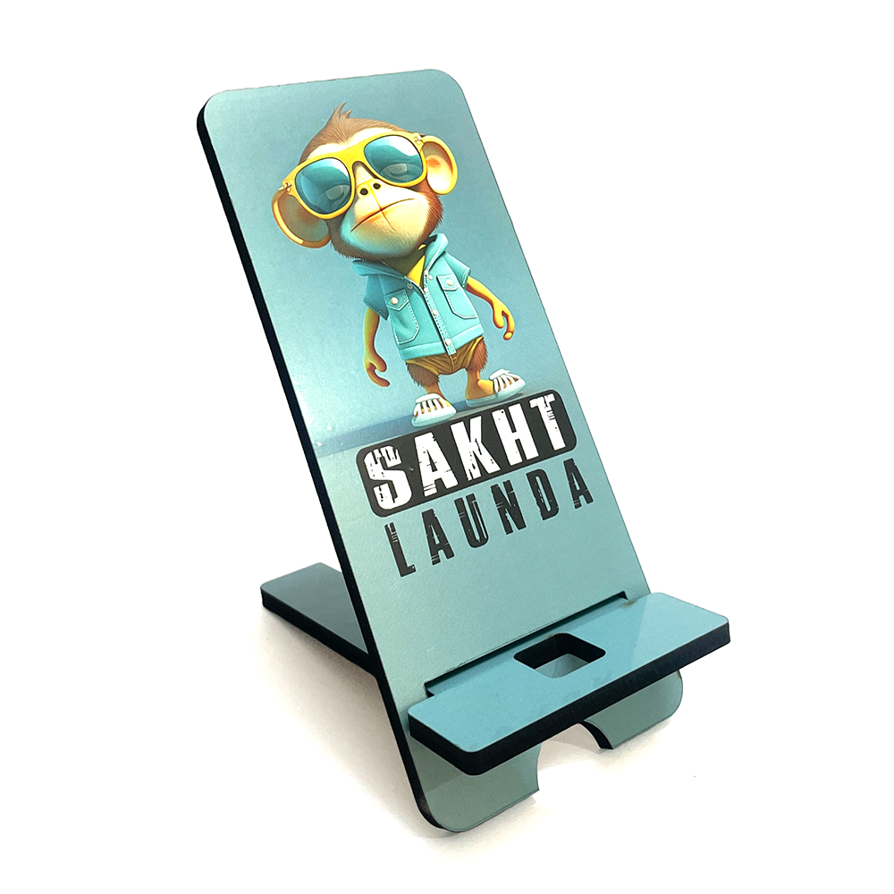 "Cool Monkey 'SAKHT LAUNDA' Wooden Phone Stand – Stylish & Durable Universal Holder"