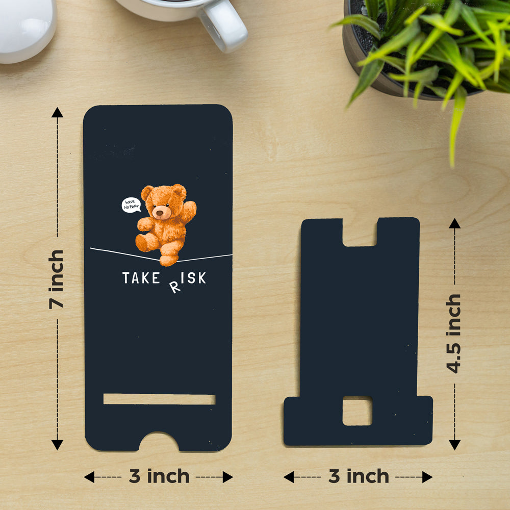 "Take Risk Inspirational Teddy Bear Wooden Phone Stand – Compact & Universal Smartphone Holder"